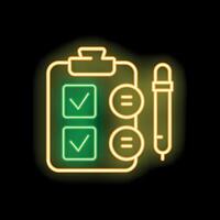 Neon sign of a clipboard with a checklist and a pen is glowing on a black brick wall vector