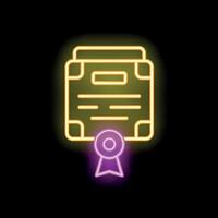 Yellow and purple neon sign of a certificate with a ribbon on a black background vector