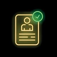 Neon icon of curriculum vitae with check mark showing successful application vector