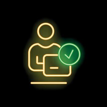 Neon sign of user completing task with check mark symbol vector