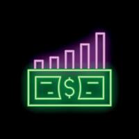 Neon sign of increasing dollar bill value with growing bar graph vector