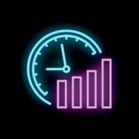 Neon sign showing clock and bar chart on black background vector