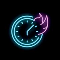 Neon clock face burning time quickly passing deadline icon vector