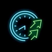 Neon clock showing time passing with arrows moving forward vector