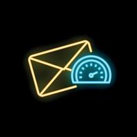 Neon icon of speedometer showing fast mail delivery time vector