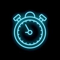 Blue neon stopwatch icon glowing on dark background vector