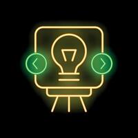 Neon sign showing a light bulb on a projection screen with left and right arrows for brainstorming and idea generation vector