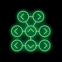 Neon green flowchart with arrows showing possible directions on black background vector