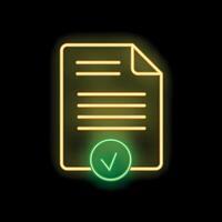Glowing neon icon of a document being validated by a green check mark vector