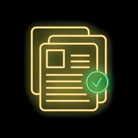Neon icon of documents with checkmark symbolizing successful verification vector