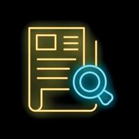 Neon icon of magnifying glass analyzing document for fact checking vector
