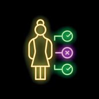 Woman choosing right answer from multiple choice neon signboard style icon vector