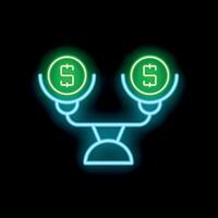 Neon sign representing a balance scale weighing two dollar coins vector