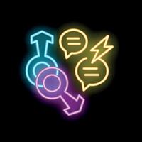 Neon gender symbols communicating with speech bubbles and lightning bolt vector