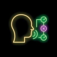Neon sign of a human head speaking with right and wrong symbols depicting speech recognition vector