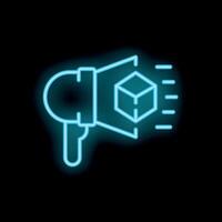 Neon megaphone announcing product release with cube symbol vector