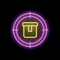 Neon sign representing targeting the right delivery with a cardboard box inside a crosshair vector
