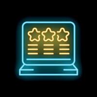 Neon icon of laptop showing customer review with five stars rating system vector