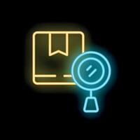 Neon icon of magnifying glass analyzing a parcel for delivery tracking and quality control vector