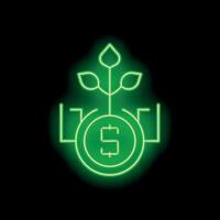 Neon green plant growing out of a coin making profit with charts on black background vector
