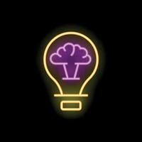 Neon icon of light bulb with brain representing creative idea generation vector