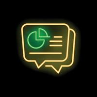Neon speech bubble showing pie chart with data analysis on black brick wall background vector