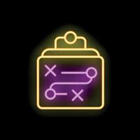 Neon strategy clipboard icon glowing with purple lines on black background vector