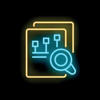 Neon icon of magnifying glass analyzing documents with charts vector