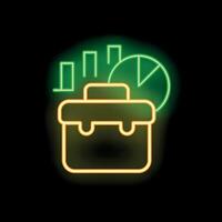 Neon business case with growing bar graph and pie chart icon vector