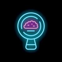 Neon icon of magnifying glass examining brain representing psychology and analysis vector