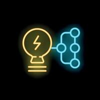 Neon lightbulb connecting to a network representing brainstorming and idea generation vector