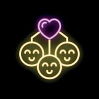 Neon icon of three happy faces connected by love heart vector