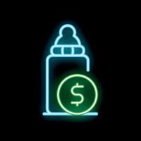 Glowing neon icon of baby bottle with dollar sign representing cost of formula vector