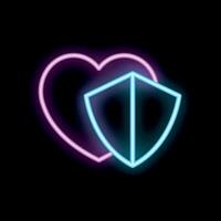 Neon heart shape being protected by a shield vector