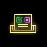 Neon sign showing document with checkmark and cross mark on black background vector