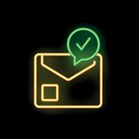Neon envelope icon showing validation with green check mark vector