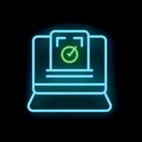 Neon online survey with check mark on laptop screen vector