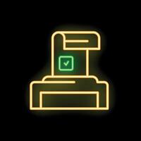 Neon icon of printer printing document with check mark on black background vector