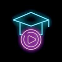 Neon sign representing online education with graduation hat and play button vector