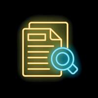 Neon icon of magnifying glass examining documents for fraud or errors vector