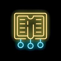 Neon sign representing online library with open book icon and three empty circles hanging from it vector