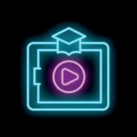 Neon sign representing online education with graduation hat and play button vector