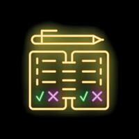 Neon icon of pen writing on paper, completing tasks, checking, and editing documents vector