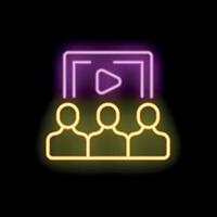 Group of students watching online course on tablet neon sign vector