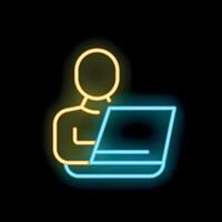 Neon sign of person working on laptop on black background vector