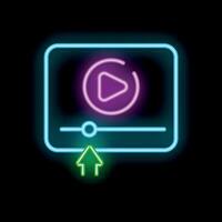 Neon icon of content upload with play button and progress bar vector