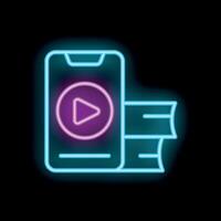 Neon sign showing smartphone displaying streaming service with play button and movie tickets for online cinema concept vector