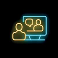 Businessman having call with colleagues on computer neon sign style icon vector