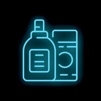 Neon laundry detergent bottle and fabric softener shining on black background vector