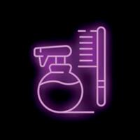Neon spray bottle and comb shining brightly on black background vector